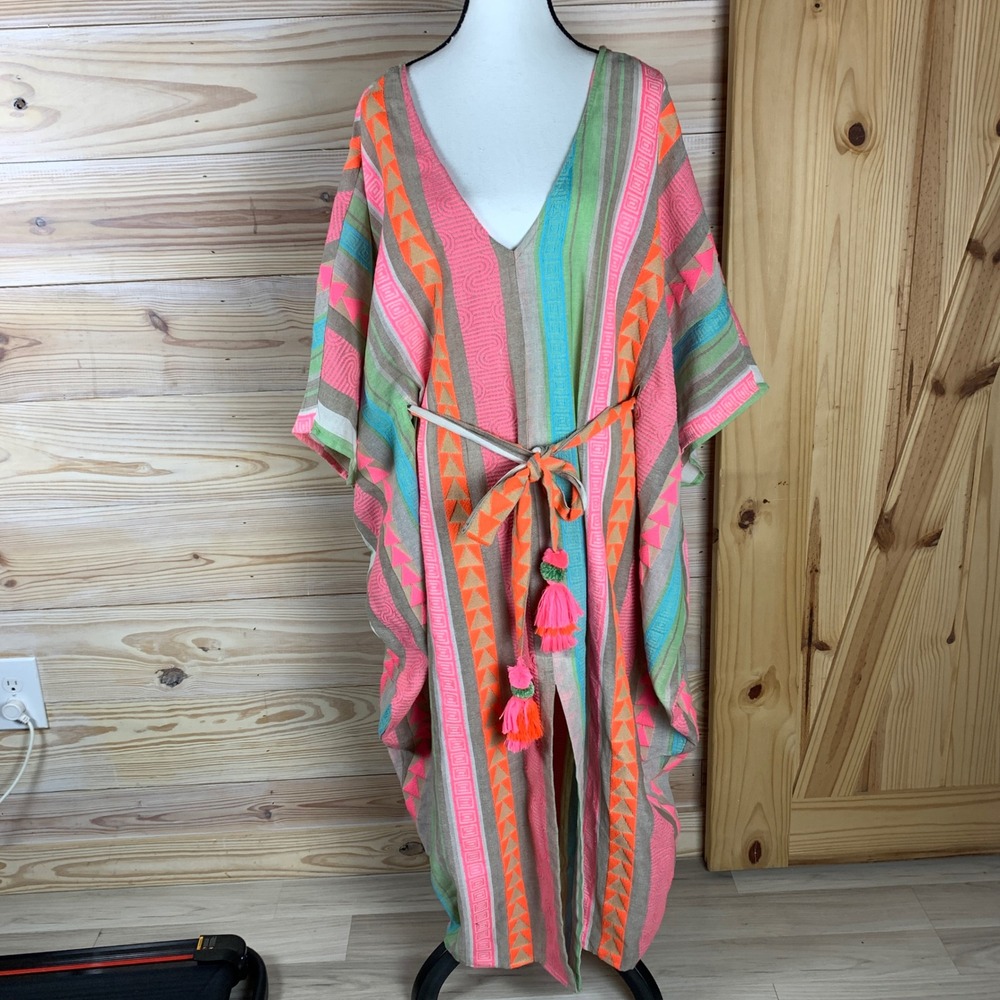 Bel Kazan Kaftan Dress Women OS Pink Neon Geometric Tassel Tie Maxi Boho Anthro